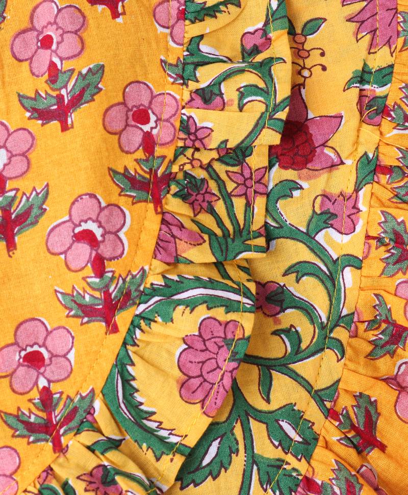 Twisha Girls Floral Printed Ruffle Detail Pure Cotton Top With Palazzo-Yellow & Pink
