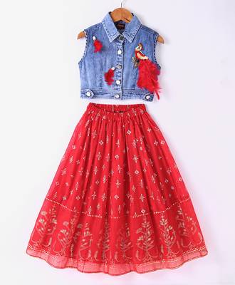 Twisha Girls Denim Top Embellished With Bird Applique & Foil Printed Ghagra - Blue & Red 1