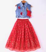 Twisha Girls Denim Top Embellished With Bird Applique & Foil Printed Ghagra - Blue & Red