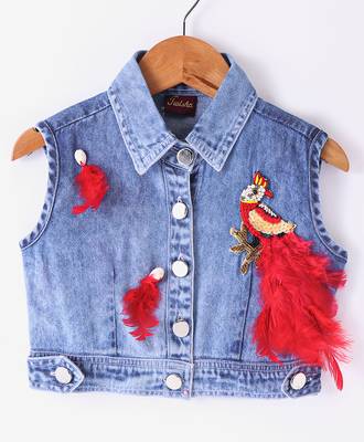 Twisha Girls Denim Top Embellished With Bird Applique & Foil Printed Ghagra - Blue & Red 2