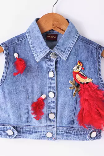Twisha Girls Denim Top Embellished With Bird Applique & Foil Printed Ghagra - Blue & Red