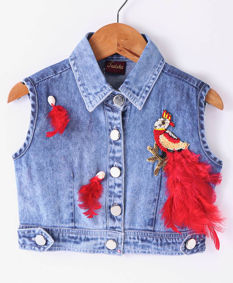 Twisha Girls Denim Top Embellished With Bird Applique & Foil Printed Ghagra - Blue & Red