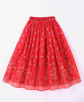 Twisha Girls Denim Top Embellished With Bird Applique & Foil Printed Ghagra - Blue & Red 4