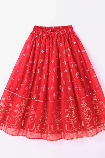 Twisha Girls Denim Top Embellished With Bird Applique & Foil Printed Ghagra - Blue & Red