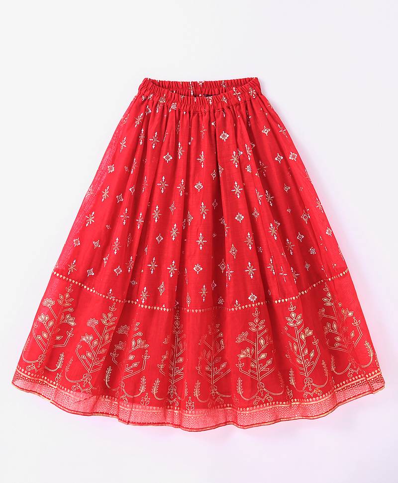 Twisha Girls Denim Top Embellished With Bird Applique & Foil Printed Ghagra - Blue & Red