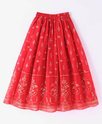 Twisha Girls Denim Top Embellished With Bird Applique & Foil Printed Ghagra - Blue & Red 5