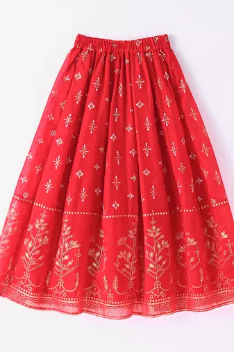 Twisha Girls Denim Top Embellished With Bird Applique & Foil Printed Ghagra - Blue & Red