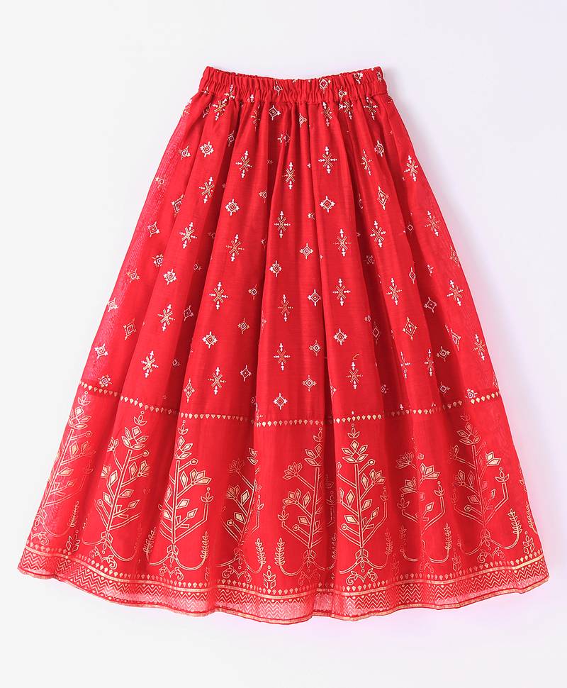 Twisha Girls Denim Top Embellished With Bird Applique & Foil Printed Ghagra - Blue & Red