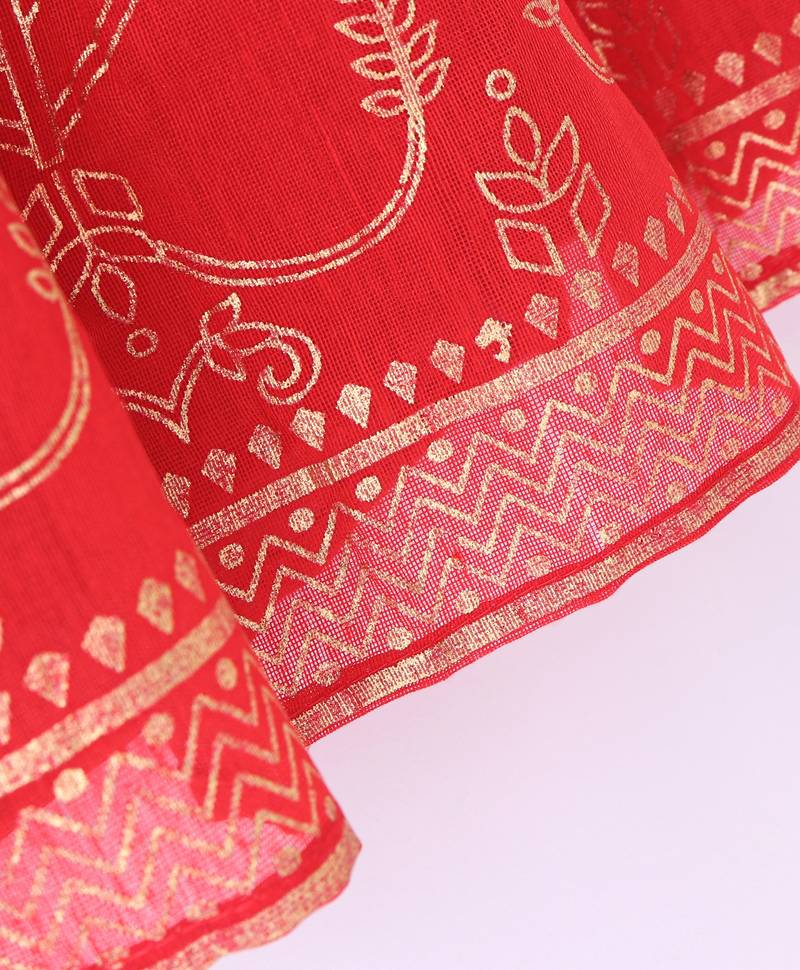 Twisha Girls Denim Top Embellished With Bird Applique & Foil Printed Ghagra - Blue & Red