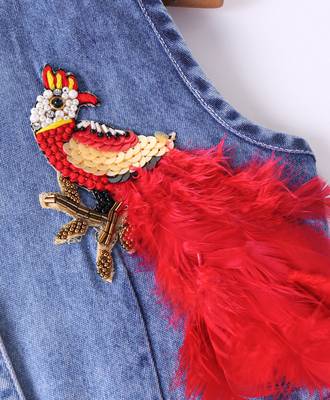 Twisha Girls Denim Top Embellished With Bird Applique & Foil Printed Ghagra - Blue & Red 7