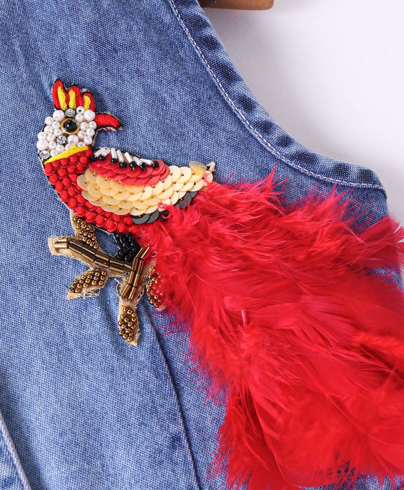 Twisha Girls Denim Top Embellished With Bird Applique & Foil Printed Ghagra - Blue & Red