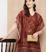 Yufta women maroon cutdana work floral print kaftan kurta