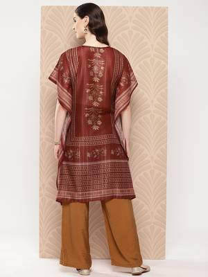 Yufta women maroon cutdana work floral print kaftan kurta 4