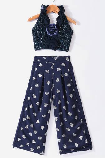Twisha Girls Halter Neck Sequinned Front Ruffles Designer Top With Silver Printed Palazzo - Navy Blue