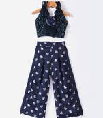 Twisha Girls Halter Neck Sequinned Front Ruffles Designer Top With Silver Printed Palazzo - Navy Blue