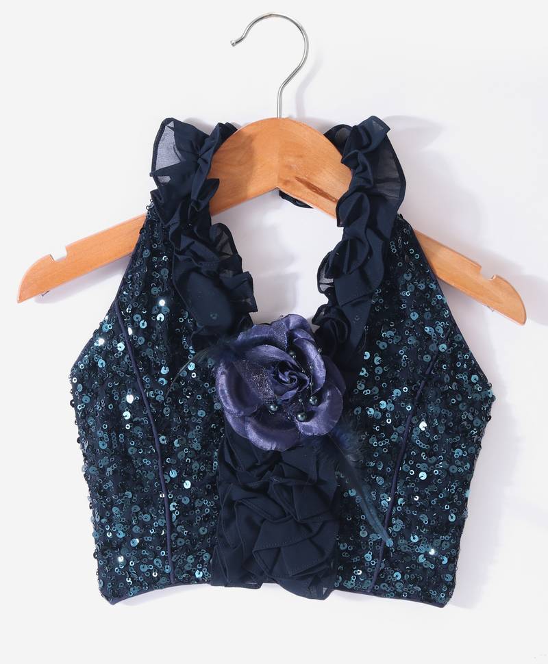 Twisha Girls Halter Neck Sequinned Front Ruffles Designer Top With Silver Printed Palazzo - Navy Blue