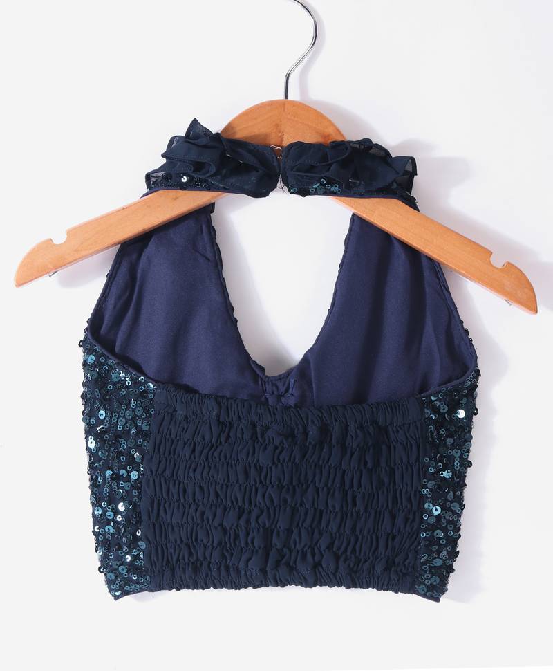 Twisha Girls Halter Neck Sequinned Front Ruffles Designer Top With Silver Printed Palazzo - Navy Blue