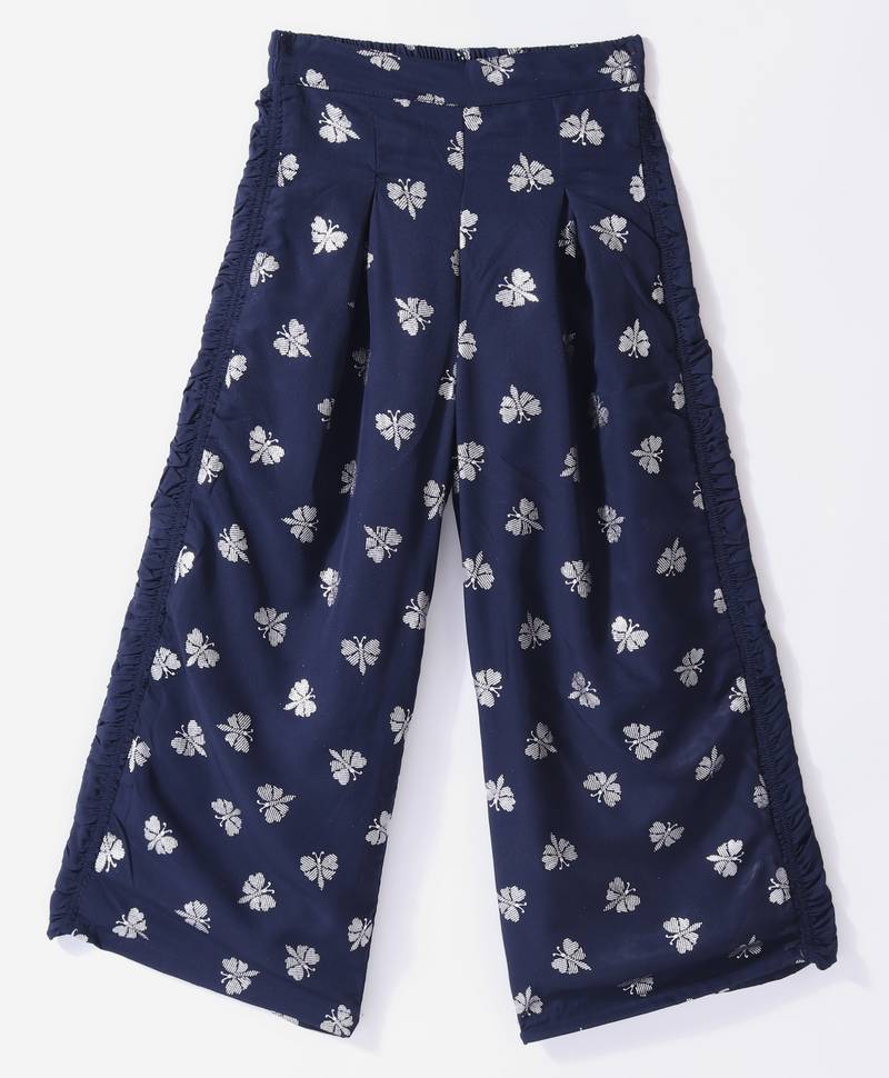 Twisha Girls Halter Neck Sequinned Front Ruffles Designer Top With Silver Printed Palazzo - Navy Blue