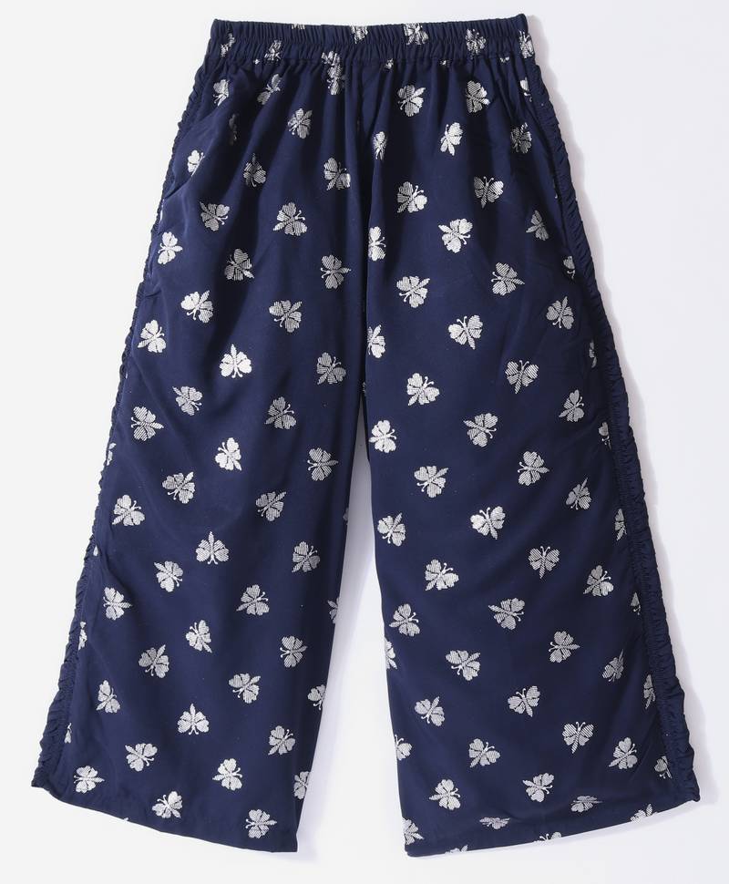 Twisha Girls Halter Neck Sequinned Front Ruffles Designer Top With Silver Printed Palazzo - Navy Blue