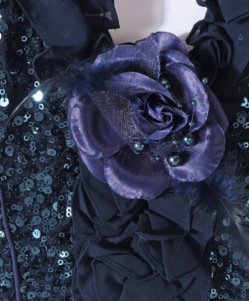 Twisha Girls Halter Neck Sequinned Front Ruffles Designer Top With Silver Printed Palazzo - Navy Blue