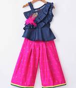 Twisha Girls Denim Ruffle Top Embellished With Bird Applique With Self Designed Palazzo - Blue & Pink