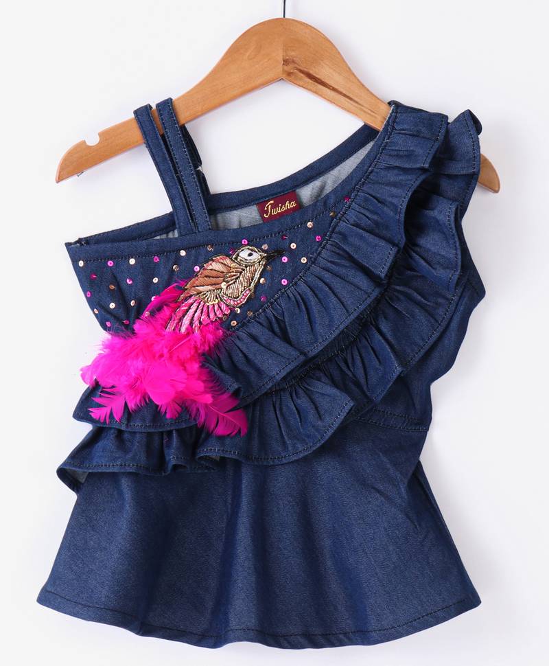 Twisha Girls Denim Ruffle Top Embellished With Bird Applique With Self Designed Palazzo - Blue & Pink