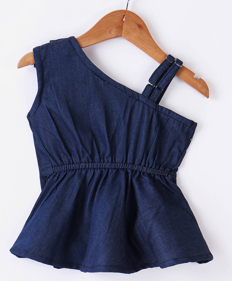 Twisha Girls Denim Ruffle Top Embellished With Bird Applique With Self Designed Palazzo - Blue & Pink