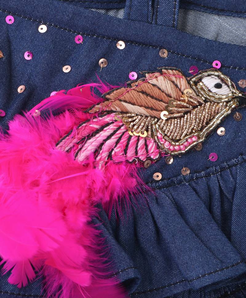 Twisha Girls Denim Ruffle Top Embellished With Bird Applique With Self Designed Palazzo - Blue & Pink
