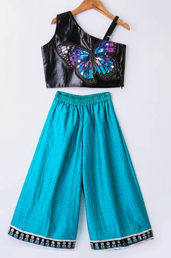 Twisha Girls Faux Leather Top Embellished With Butterfly Patch And Studds With Chevron Designed Palazzo - Black & Blue