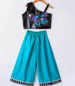 Twisha Girls Faux Leather Top Embellished With Butterfly Patch And Studds With Chevron Designed Palazzo - Black & Blue