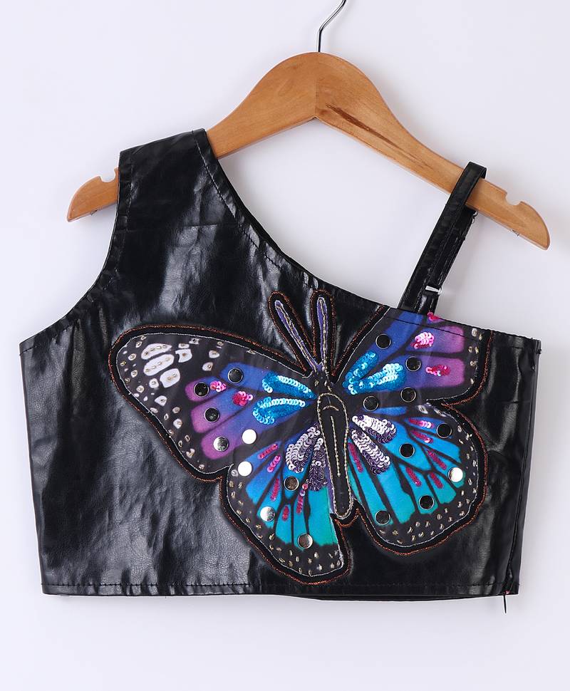 Twisha Girls Faux Leather Top Embellished With Butterfly Patch And Studds With Chevron Designed Palazzo - Black & Blue