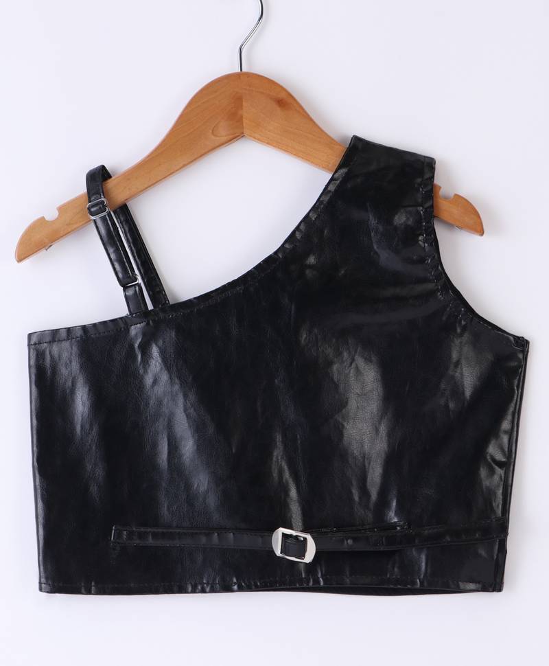 Twisha Girls Faux Leather Top Embellished With Butterfly Patch And Studds With Chevron Designed Palazzo - Black & Blue