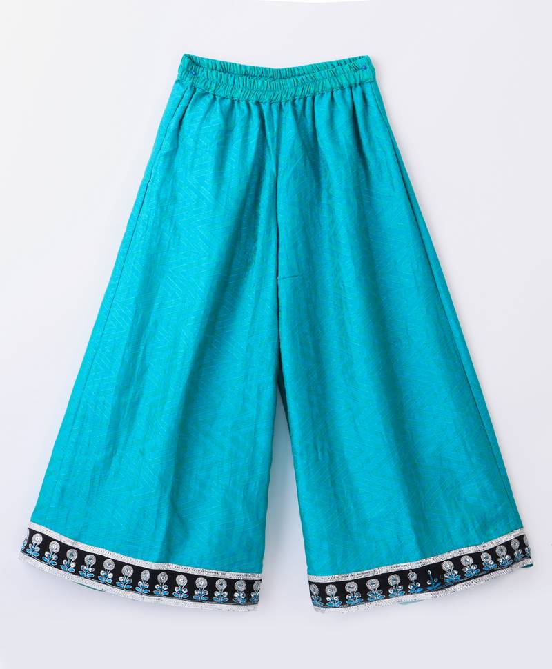 Twisha Girls Faux Leather Top Embellished With Butterfly Patch And Studds With Chevron Designed Palazzo - Black & Blue