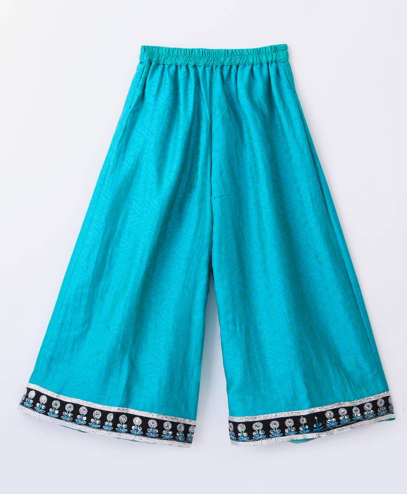 Twisha Girls Faux Leather Top Embellished With Butterfly Patch And Studds With Chevron Designed Palazzo - Black & Blue