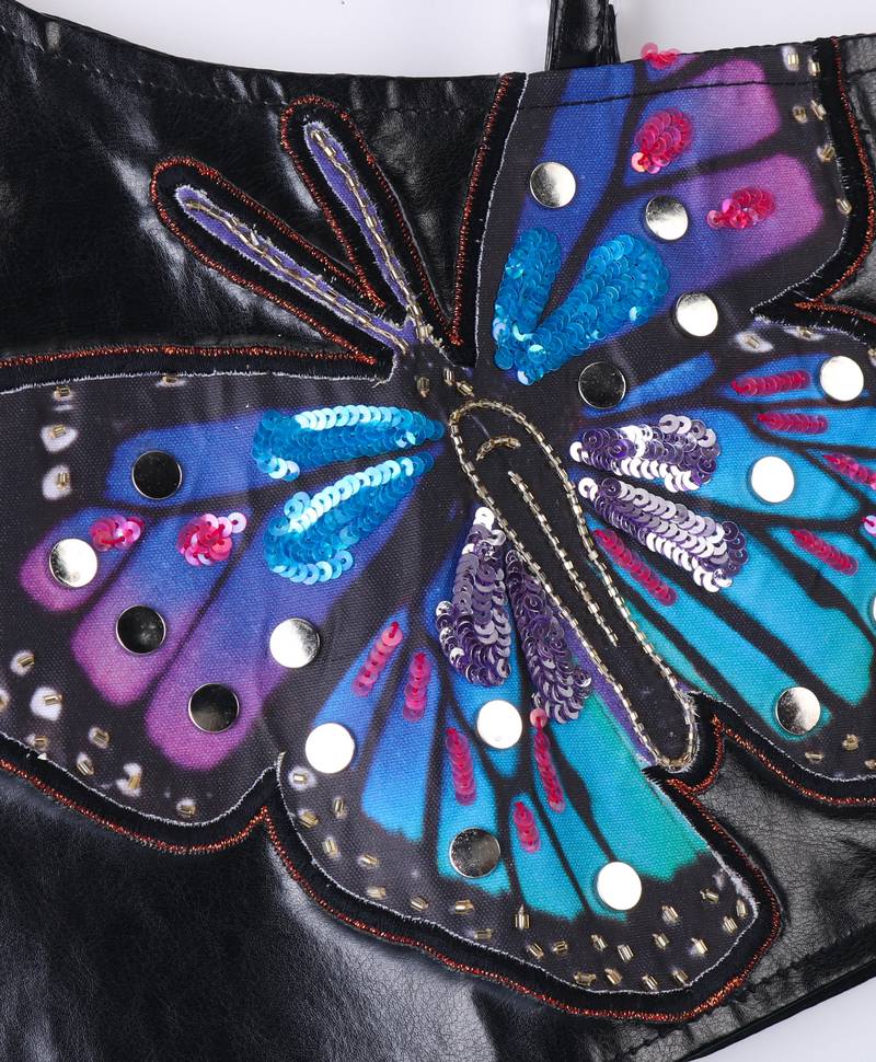 Twisha Girls Faux Leather Top Embellished With Butterfly Patch And Studds With Chevron Designed Palazzo - Black & Blue