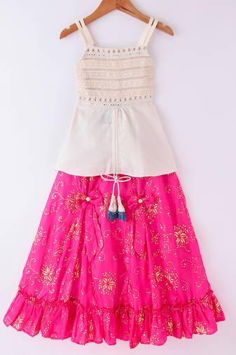 Twisha Girls Embroidered Designer Top With Gold Printed Ghagra - Off White & Pink