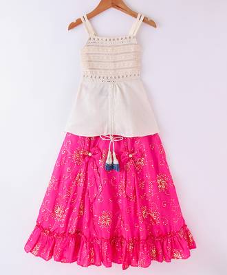 Twisha Girls Embroidered Designer Top With Gold Printed Ghagra - Off White & Pink 1