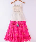 Twisha Girls Embroidered Designer Top With Gold Printed Ghagra - Off White & Pink