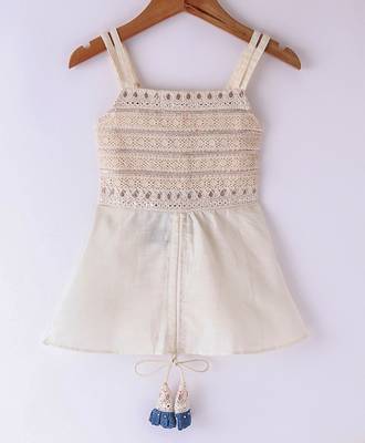 Twisha Girls Embroidered Designer Top With Gold Printed Ghagra - Off White & Pink 2