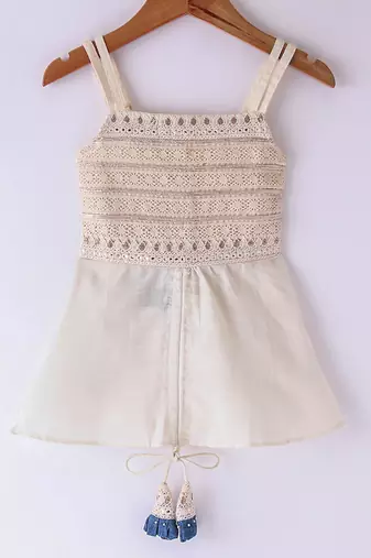 Twisha Girls Embroidered Designer Top With Gold Printed Ghagra - Off White & Pink