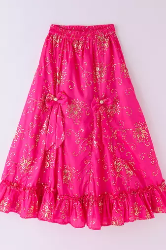 Twisha Girls Embroidered Designer Top With Gold Printed Ghagra - Off White & Pink