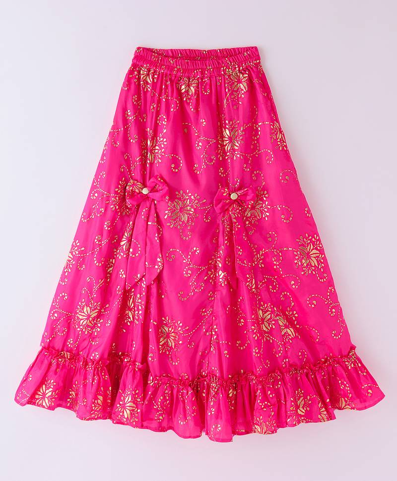 Twisha Girls Embroidered Designer Top With Gold Printed Ghagra - Off White & Pink