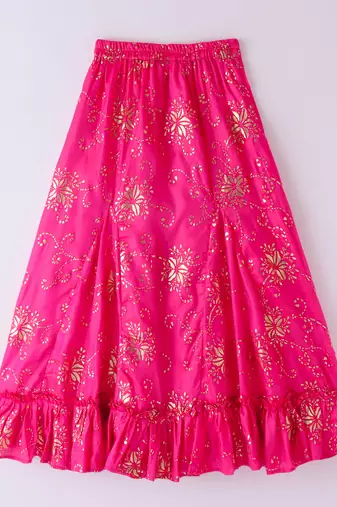 Twisha Girls Embroidered Designer Top With Gold Printed Ghagra - Off White & Pink