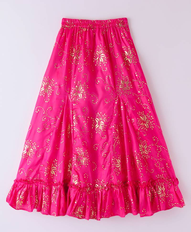 Twisha Girls Embroidered Designer Top With Gold Printed Ghagra - Off White & Pink
