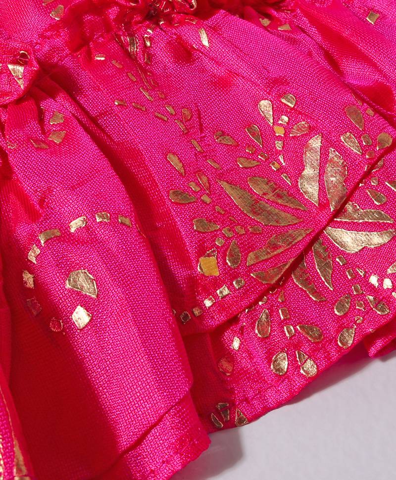 Twisha Girls Embroidered Designer Top With Gold Printed Ghagra - Off White & Pink