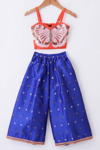 Twisha Girls Elaborate Butterfly Embroidered Crop Top With Self Design Palazzo - Orange & Blue
