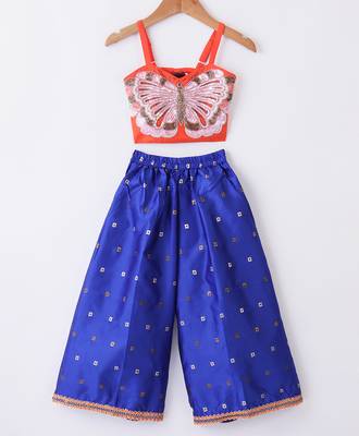 Twisha Girls Elaborate Butterfly Embroidered Crop Top With Self Design Palazzo - Orange & Blue 1