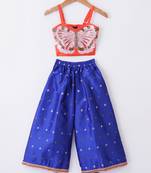 Twisha Girls Elaborate Butterfly Embroidered Crop Top With Self Design Palazzo - Orange & Blue