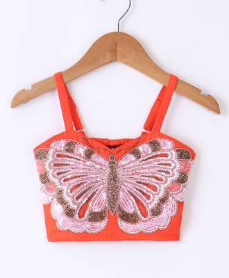 Twisha Girls Elaborate Butterfly Embroidered Crop Top With Self Design Palazzo - Orange & Blue 2