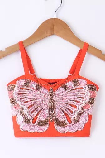 Twisha Girls Elaborate Butterfly Embroidered Crop Top With Self Design Palazzo - Orange & Blue